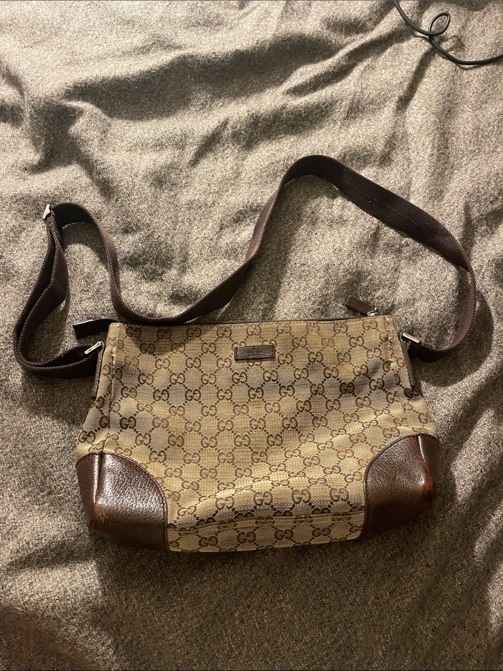 Gucci Beige/Tan GG Canvas Messenger Bag with Brown Leather Trim